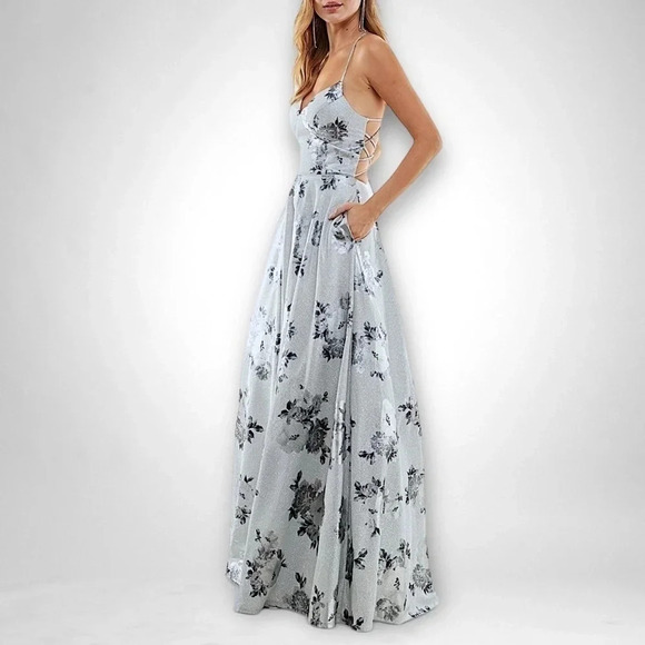 City Studios Juniors Lace-Up Floral Glitter Silver Charcoal Ball Gown size 0 & 1 - Picture 5 of 15